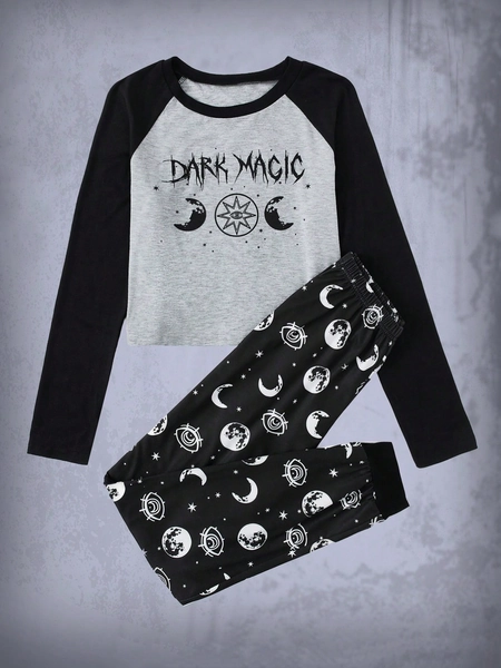 Goth Letter Moon Graphic Colorblock Raglan Sleeve PJ Set