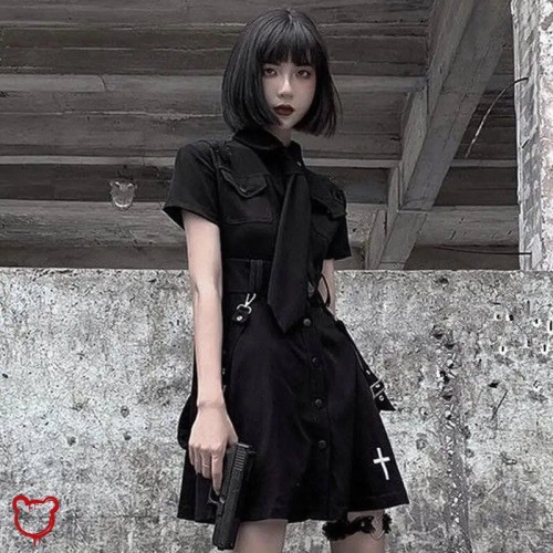 Black Grunge Long Dress - Black / XXL