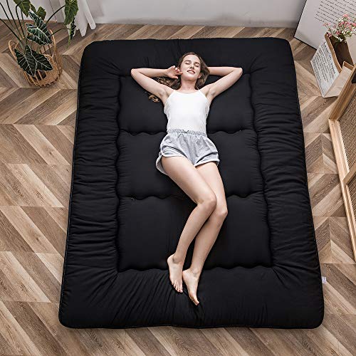 MAXYOYO Japanese Floor Mattress Futon Mattress, Thicken Tatami Mat Sleeping Pad Foldable Roll Up Mattress Boys Girls Dormitory Mattress Pad Kids Floor Lounger Pillow Bed, Black, Full - Full - Black