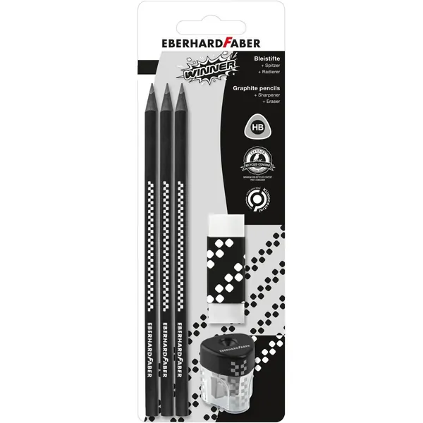 Eberhard Faber 510196 - Winner Bleistift-Set mit Dreikant-Bleistift Härtegrad HB, einem Radierer und Doppelspitzdose mit verschließbarem Spanbehälter, ideal für Schule, Freizeit und Büro