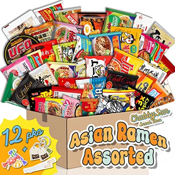 ChubbySun Asian Instant Noodle Ramen Spicy & Non-Spicy Variety Box Bundle Combo Pack- 12 Different Flavors Assorted Pack + Asian Snacks & Tea Bag Sampler Gift + 2 Recyclable Chopsticks, korean - 12 Packs - Asia Assorted
