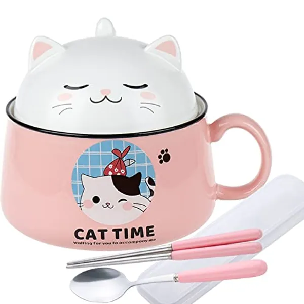 Ramen Bowl with Lid, Cute Cat Instant Noodle Bowl, 34.5 OZ Ramen Cooker with Chopsticks and Spoon, Bowl with Handle For Soup, Salad, Cereal, Pasta, Dessert(Pink) - Pink