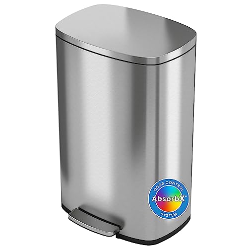 iTouchless SoftStep 13.2 Gallon Step Trash Can with Odor Filter System, Stainless Steel 50 Liter Pedal Garbage Bin for Kitchen, Home, Office, Silent and Gentle Lid Close - 13 Gal Silver