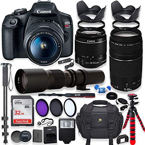Canon EOS Rebel T7 DSLR Camera with 18-55mm is II Lens + Canon EF 75-300mm f/4-5.6 III Lens and 500mm Preset Lens + 32GB Memory + Filters + Monopod + Professional Bundle (Renewed) - (New Model) Rebel T7 w/ 500 mm Lens