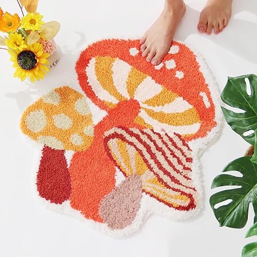 Softania Mushroom Rug Cute Bath Mat Small Non Slip Bathroom Rug Washable Fun Kids Bath Mats - Water Absorbing Bath Mat Funky Mushroom Bathroom Decor Rug for Shower, Tub, Bedroom - Red