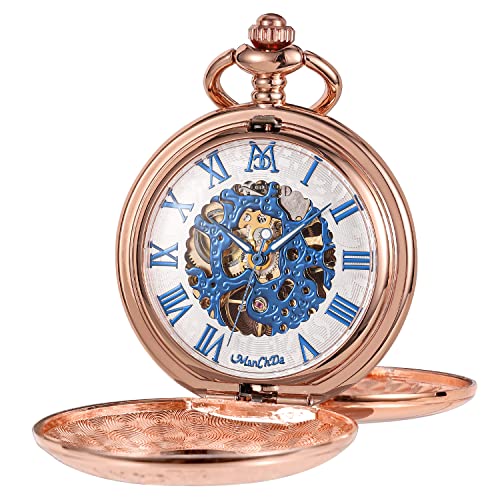 ManChDa Pocket Watch - Double Engraved Skeleton Dial Retro Mens Mechanical Watch Golden Movement with Chain + Gift Box - 6.roségold