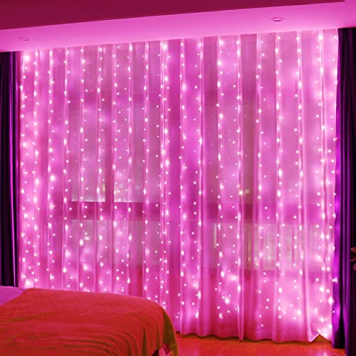 HXWEIYE 300LED Pink Fairy Curtain Hanging Lights with Remote 8 Modes Timer for Bedroom, 9.8x9.8Ft USB Plug in Christmas Fairy String Lights for Outdoor, Weddings, Party, Garden, Wall, Decorations - Pink - 300L-Silver Copper Wire