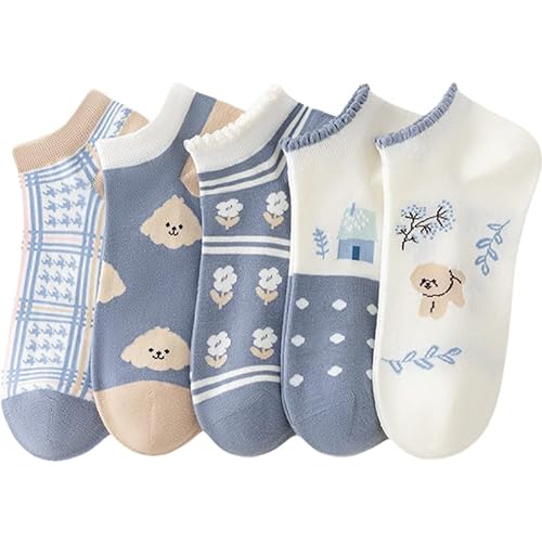 FORJMMP 5/10 Pairs Combed Cotton Socks for Women with Cute Animals/Flowers Patterned Ankle Socks - 5-8 - 5 Pairs-dog