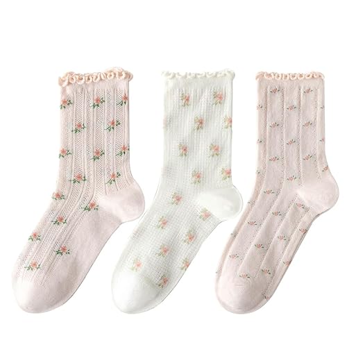 Cute Woman Socks Soft lace Breathable School Socks Fruit Ruffles Cartoon - 5-9 - Pink Flower