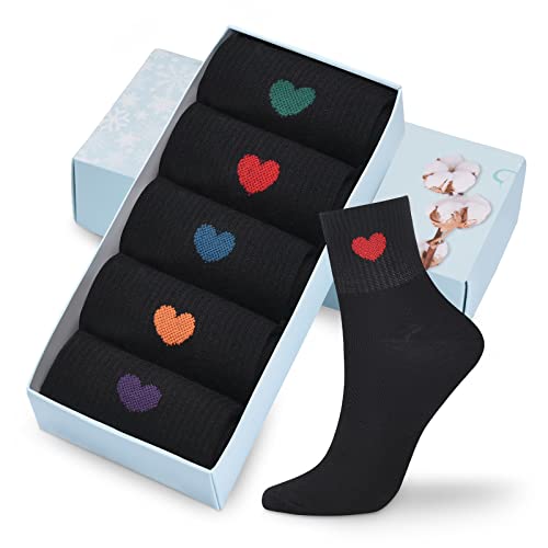 Corlap Women's Crew Socks Ankle High Cotton Fun Cute Athletic Running Socks Gifts For Women (5-Pairs With gifts Box) - 5-9 - 5 Pairs Black