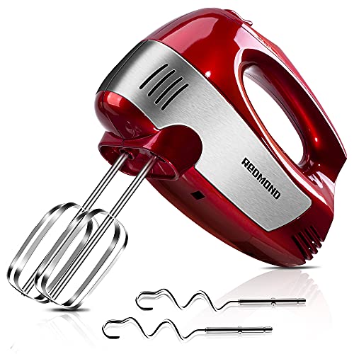 REDMOND Hand Mixer Electric, 5-Speed 300W Power Handheld Kitchen Mixer with Turbo Mode, Kitchen Mixer with Attachment(2 Beaters, 2 Dough Hooks),Cake Mixer, Hand Mixer for Baking, Red - Red