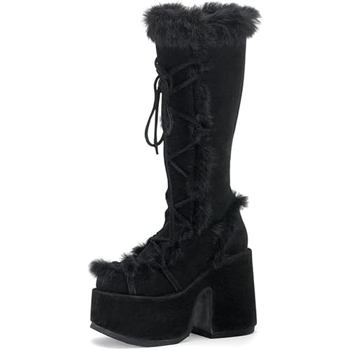 CELNEPHO Knee High Boots For Womens Side Zipper Warm Faux Fur Platform Chunky Heel Punk Goth Walking Winter Snow Boots - 8 - A-black