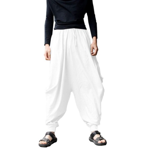 BITLIVE Men's Cotton Linen Plus Size Stretchy Waist Casual Ankle Length Pants, One Size - White