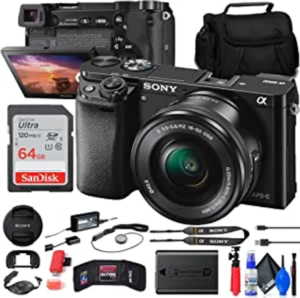 Sony Alpha a6000 Mirrorless Camera with 16-50mm Lens (ILCE6000L/B) + 64GB Card + Card Reader + Case + Flex Tripod + Hand Strap + Memory Wallet + Cap Keeper + Cleaning Kit