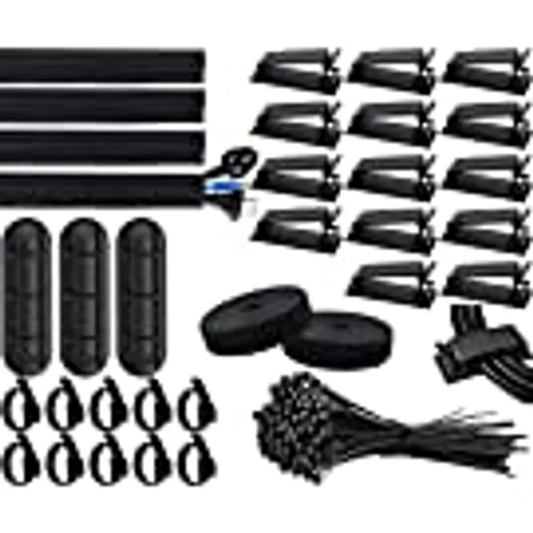 SOULWIT Cable Management Kit, 4 Wire Organizer Sleeve, 3 Cable Holder, 10+2 Cable Organization Straps, 15 Large Cord Clips, 100 Cable Ties for TV PC Computer Under Desk Office