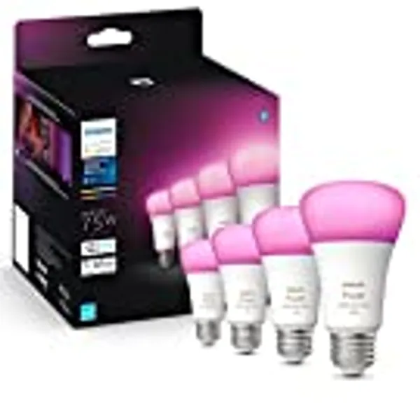 Philips Hue 4-Pack White and Color A19 Medium Lumen Smart Bulb, 1100 Lumens, Bluetooth & Zigbee Compatible (Hue Hub Optional), Compatible with Alexa & Google Assistant