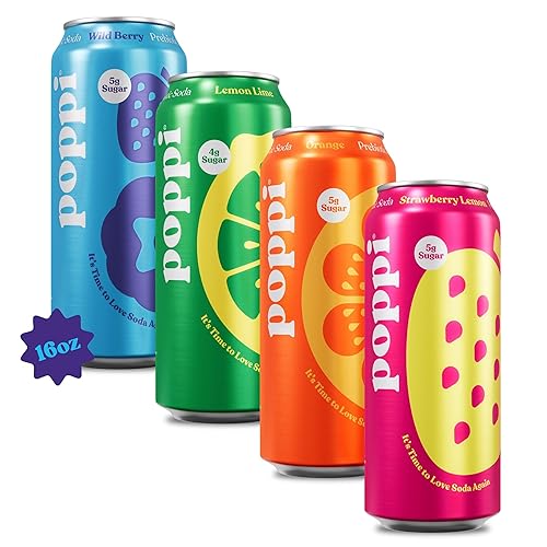 POPPI 16oz Sparkling Prebiotic Soda, Beverages w/Apple Cider Vinegar, Seltzer Water & Fruit Juice, XL Variety, 16oz (12 Pack) (Packaging May Vary) - XL Variety - 16 Fl Oz (Pack of 12)