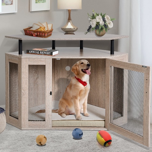 Dog Crate Kennel, Corner Dog Crate with Cushion Indoor Use, Modern Dog Kennel with Wooden and Wire Mesh, Large Pet House with Multiple Function Perfect for Limited Room, Apartment