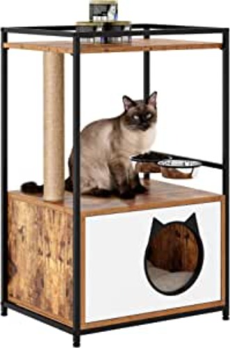 soges Cat Tree Cat Condo, Industrial Cat Cabinet with Storage Shelf, Cat Tower with Scratching Post, Wooden Cat Furniture with Feeding Station