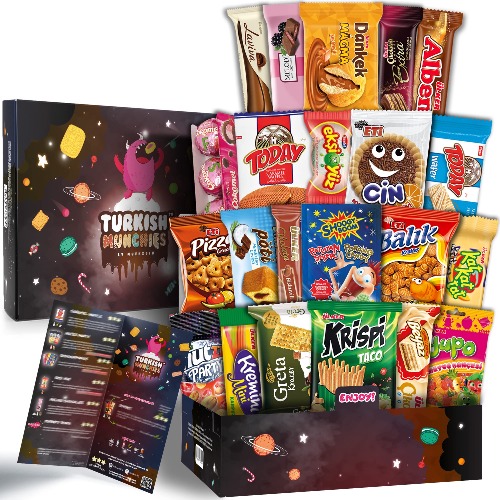 Maxi International Snack Box | Premium and Exotic Foreign Snacks | Unique Snack Food Gifts Included | Try Extraordinary Turkish Gourmet Snacks | Dark Space Themed Box | Candies from Around the World | 21 Full-Size Snacks