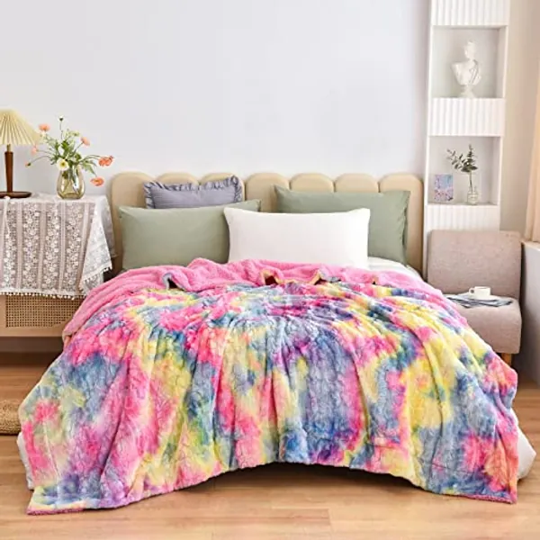 NEWCOSPLAY Super Soft Faux Fur Throw Blanket Premium Sherpa Backing Warm and Cozy Throw Decorative for Bedroom Sofa Floor (Dark Rainbow, Queen(90&amp;#34;x90&amp;#34;))