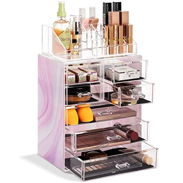 Sorbus Clear Cosmetic Makeup Organizer - Make Up &amp;amp; Jewelry Storage, Case &amp;amp; Display - Spacious Design - Great for Dresser, Bathroom, Vanity &amp;amp; Countertop (3 Large, 4 Small Drawers) [Tie Dye Print]