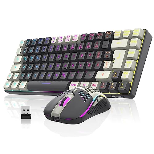 RedThunder K84 Kabelloses Gaming Tastatur und Maus Set, QWERTZ Deutsch, Wiederaufladbarer Akku mit RGB-Beleuchtung, 75% Layout TKL Tastatur & Leichte Maus mit 3200 DPI Honeycomb für PC Mac Gamer - Gray-Weiß