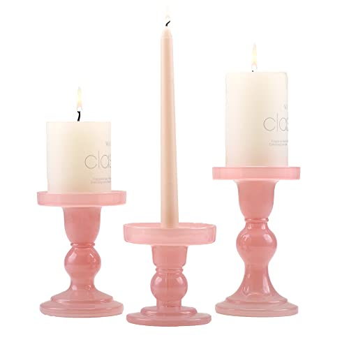 GMWD 3 Pcs Glass Candle Holder Set Clear, Pink Candlesticks Holders Pillar Taper Candles Tealight Stand for Wedding Centerpieces Home Decorations Dining Table - Pink