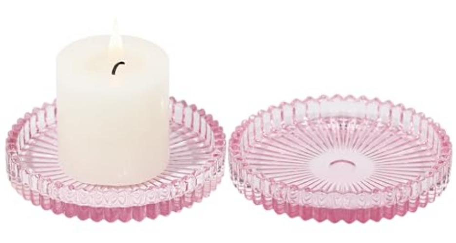 Vixdonos 3.8 Inch Glass Pillar Candle Holder Set Pack 2 Gear Round Plate Serrated Candle Stand for Table Centerpieces,Party, Wedding and Home Decor - Pink - 2 Pcs