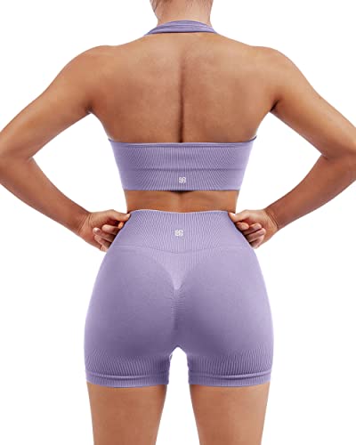 SUUKSESS Women Seamless Ribbed Workout Set Backless Sports Bra Booty Biker Short - Halter&Short - X-Small - Purple