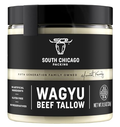 South Chicago Packing Wagyu Beef Tallow, 11.5 Oz Glass Jar, Perfect for Searing, Sauteing, Cooking, Pan Frying, Keto Friendly, Paleo Friendly, Pantry Staple