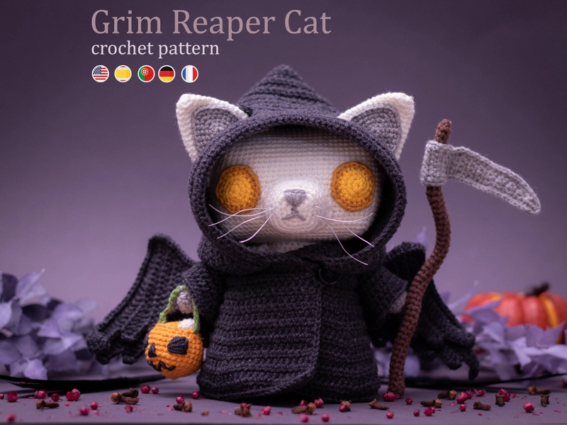 Crochet Pattern: Grim Reaper Cat Halloween Amigurumi