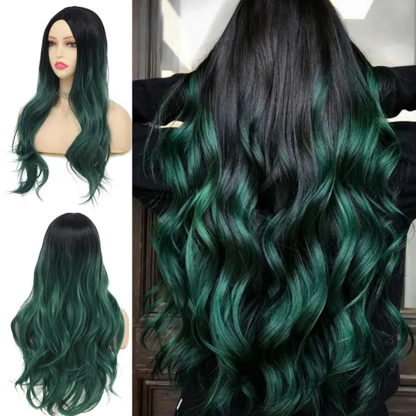Tseses Ombre Green Long Wavy Curly Wigs for Women Dark Green Synthetic Hair Wigs Dark Roots Hair Women Full Wig Cosplay Halloween Party Daily Use (Ombre Green) (Green)