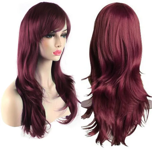 AKStore Fashion Wigs 28" 70cm Long Wavy Curly Hair Heat Resistant Wig Cosplay Wig For Women With Free Wig Cap (Wine Red)