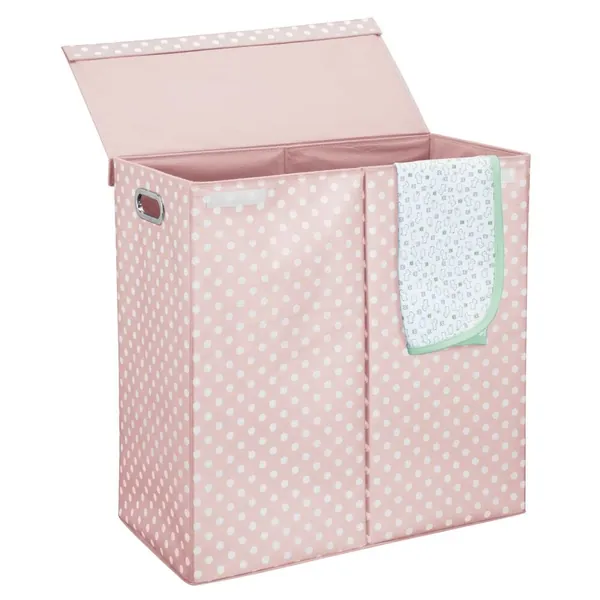 mDesign Extra Large Divided Laundry Hamper Basket with Lid - Portable, Foldable for Compact Storage - Double Hamper Design for Nursery, Girl's Room, Kid's Playroom - Fun Polka Dot Print - Pink/White