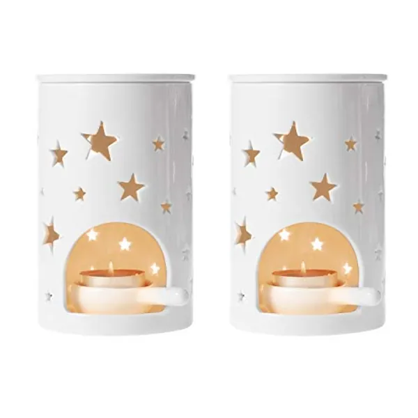 T4U Ceramic Tealight Candle Holder Oil Burner, Essential Oil Incense Aroma Diffuser Furnace Home Decoration Romantic White Set of 2, Star Pattern