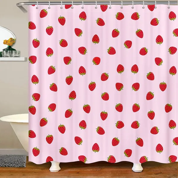 Feelyou Strawberry Bathroom Shower Curtain Set Girls Pink Cute Fruit Print Shower Curtain Kids Teens Strawberries Stripes Bath Curtain Polyester Stalls Waterproof Curtain Bathtubs Decor 72"x72"