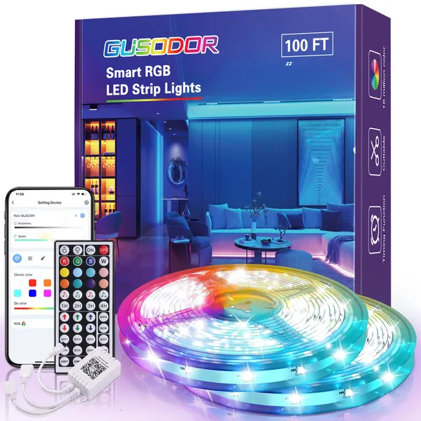 Led Lights for Bedroom, Gusodor 100ft Led Lights with Smart App Control 44 Keys IR Remote, Led Strip Lights Music Sync Color Changing Timing DIY Mode RGB, Tape Lights for Room Home TV Party Decor