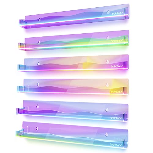 YMVV 15" Nail Polish Rack Wall Mounted Shelf,6 Pack Clear Rainbow Iridescent Acrylic Organizer Nail Supplies for Nail Techs,Great Display for Salons Retailers - A- Iridescent