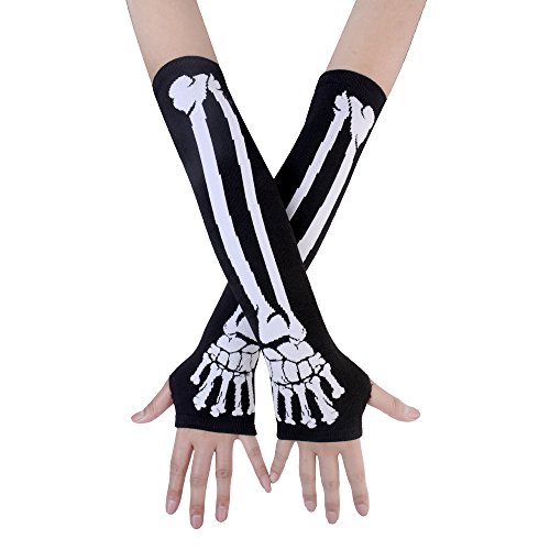JISEN Women Punk Winter Arm Warmer Knitted Stretchy Soft Fingerless Gloves - A-White Skeleton