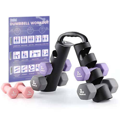 PhysKcal Dumbbells Set of 6 with Carry Rack, Hand Weights & Tree Set for Home Gym Studio Workout - Pink, Purple, Grey - 12kg set | 2 x (1+2+3)