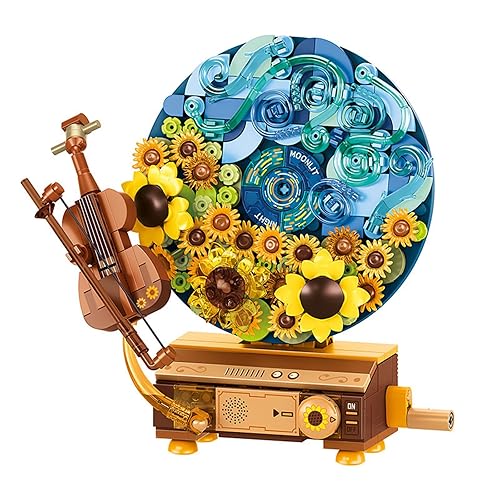 Piegricdiat Flower & Music Box Building Blocks Set, Beautiful Sunflower & Simulated Violent Blocks, Starry Night, Compatible with Lego 6254100 Building Accessory (Brown 348Pcs) - Brown 348pcs
