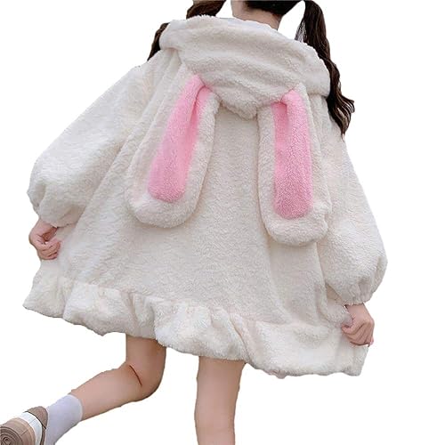 BZB Kawaii Anime Bunny Ear Hoodies For Women Sweet Lovely Fuzzy Fluffy Rabbit Sweater Tops Cosplay Jacket Coats - Large - White