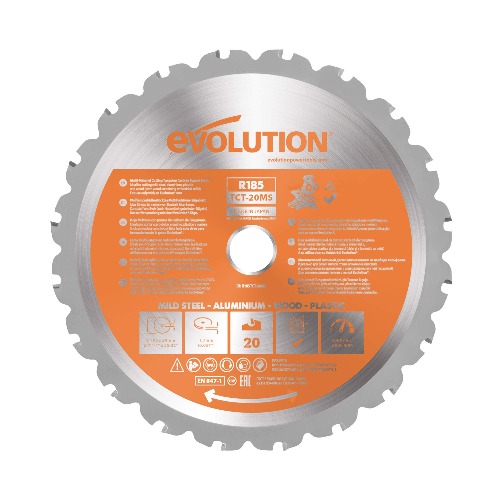 Evolution (R185TCT-20MS) - 185 mm Multi Material Mitre Saw Blade (AKA TCT Saw Blade, Metal Cutting Blade, Wood Blade) - Carbide Tipped Blade Cuts Wood, Metal and Plastic