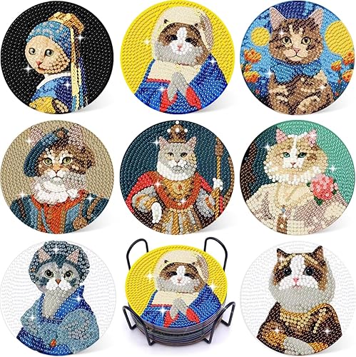 Puraikcmi 8PCs Diamond Paintings Coasters Kits Set, Cat Diamond Art Coasters with Holder, Crafts DIY Funny Coasters, Diamond Art Kits Adult Craft Diamond Dots Gift - Cat