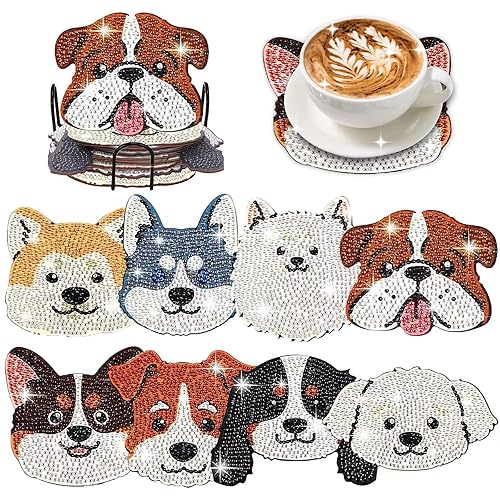8 Pcs Dog Shaped Diamond Painting Coasters for Drinks, DIY Pet Dog Diamond Painting Kits with Holder, Diamond Art Coasters for Beginners Adults Art Craft Supplies Gift - Dog