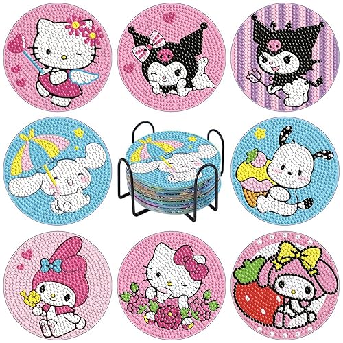 PERFECTSIGHT 8 Pcs DIY Diamond Art Painting Coasters with Holder, Cute Diamond Paint Coaster Kits for Adults, Kawaii Full Drill Diamond Art Craft Supplies, Paint by Number Non Slip Coaster, Sanlio - Rose Red