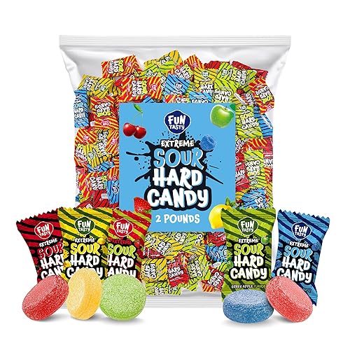 Funtasty Extreme Sour Hard Candy Mix - Strawberry, Blue Raspberry, Black Cherry, Lemon, Green Apple (300 Count) 2-Pound Pack