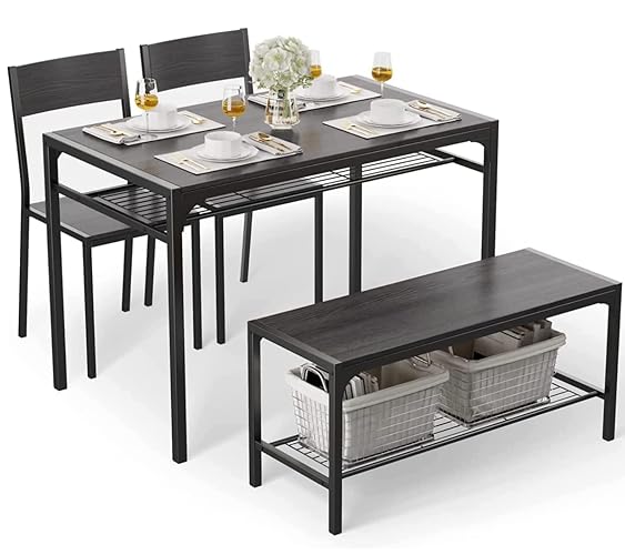 Gizoon Kitchen Table and 2 Chairs for 4 with Bench, 4 Piece Dining Table Set for Small Space, Apartment (Black) - Black