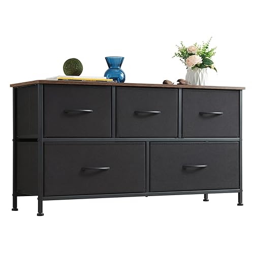 Somdot Dresser for Bedroom with 5 Drawers, Wide Storage Chest of Drawers with Removable Fabric Bins for Closet Bedside Nursery Living Room Laundry Entryway Hallway, Black - Black